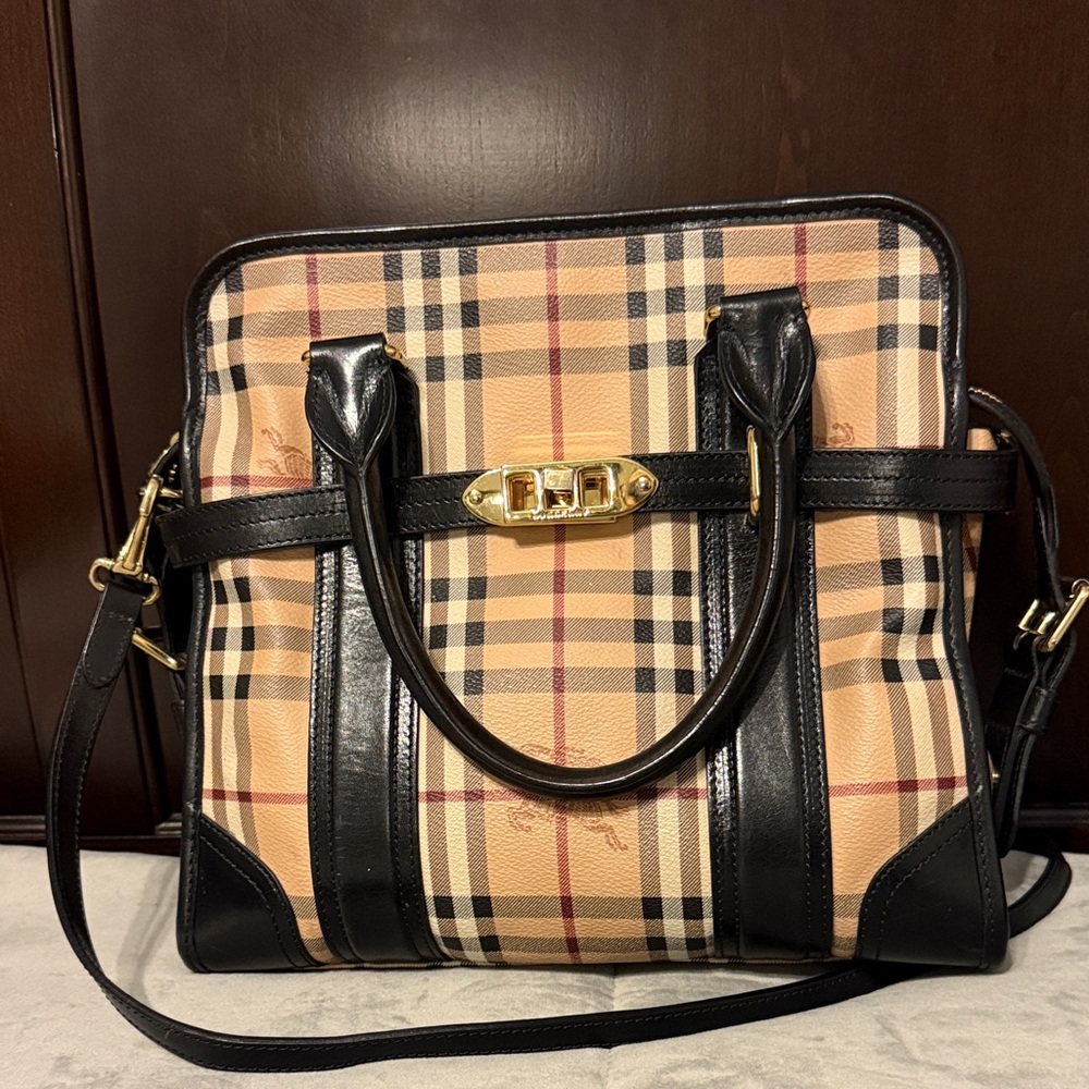 Burberry Black and Tan Checkered Satchel